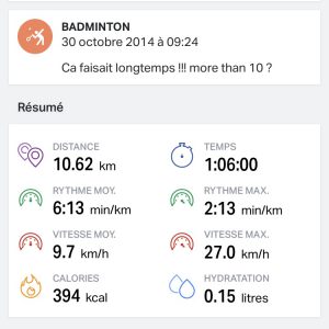 Recap de la seance de Badminton dans Endomondo