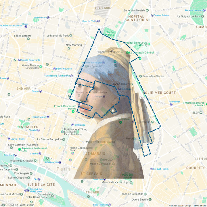 Parcours de 9 km, le 23 aout 2014, Paris - Running Drawing - Jeune fille a la perle